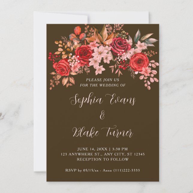 Elegant Red Roses Floral Mocha Brown Wedding Invitation (Front)