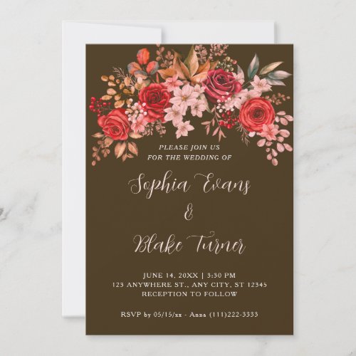 Elegant Red Roses Floral Mocha Brown Wedding Invitation