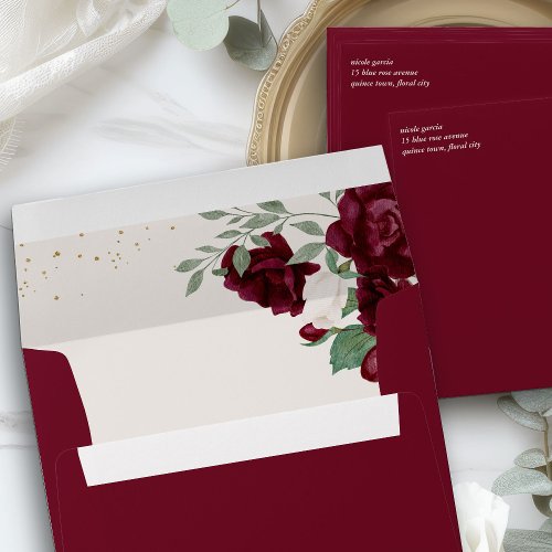 Elegant Red Roses Floral Return Address Burgundy Envelope