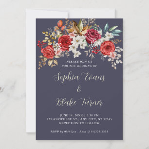 Elegant Red Roses Floral Slate Gray Wedding Invitation
