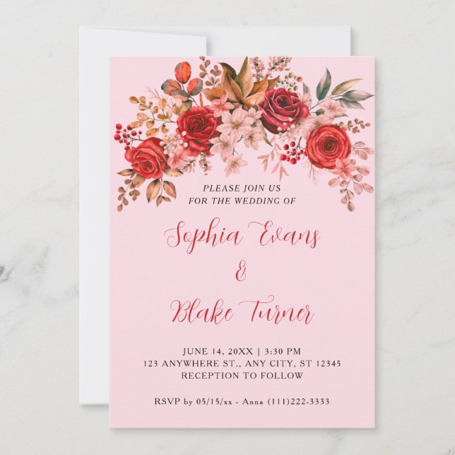 Elegant Red Roses Floral Soft Pink Wedding Invitation (Front)