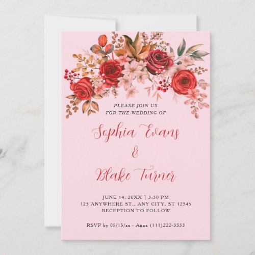 Elegant Red Roses Floral Soft Pink Wedding Invitation