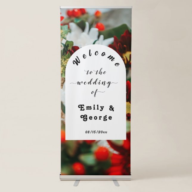 Elegant red roses floral Wedding Welcome Retractable Banner (Front)