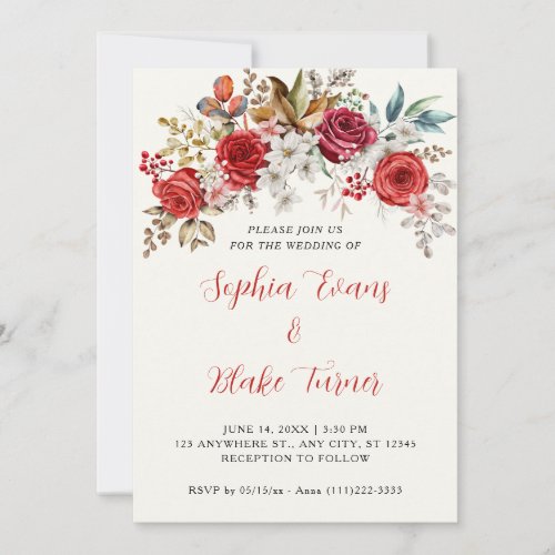 Elegant Red Roses Floral White Cream Wedding Invitation