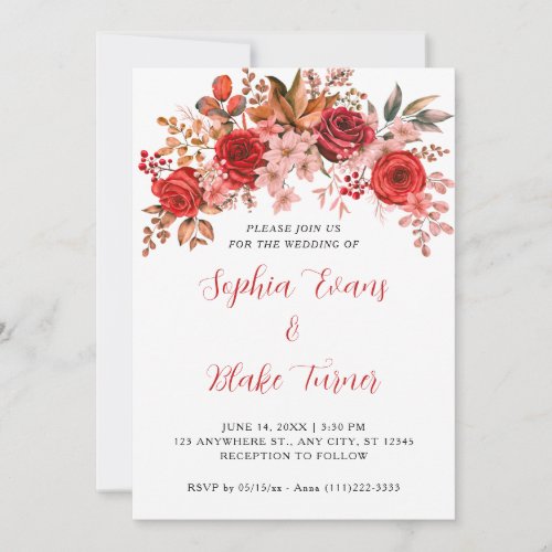 Elegant Red Roses Floral White Wedding Invitation