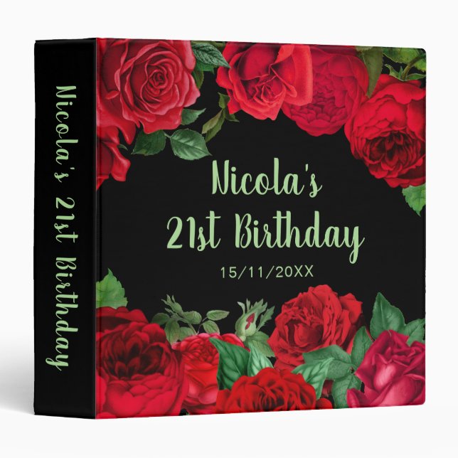 Elegant Red Roses Flowers Birthday Party 3 Ring Binder (Front/Spine)