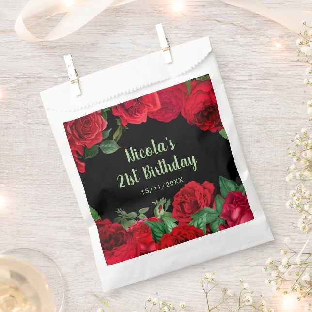 Elegant Red Roses Flowers Birthday Party Favor Bag (Clipped)