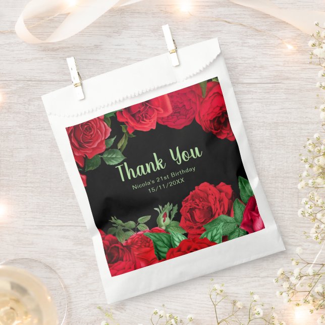 Elegant Red Roses Flowers Birthday Party Favor Bag (Clipped)