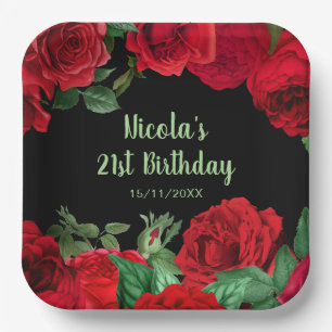 Elegant Red Roses Flowers Birthday Party Paper Plates
