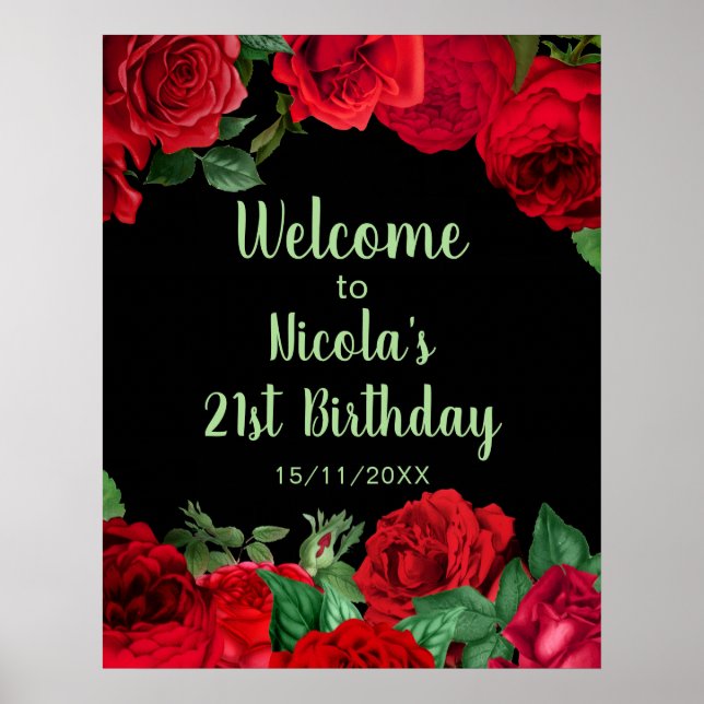 Elegant Red Roses Flowers Birthday Party Poster (Front)