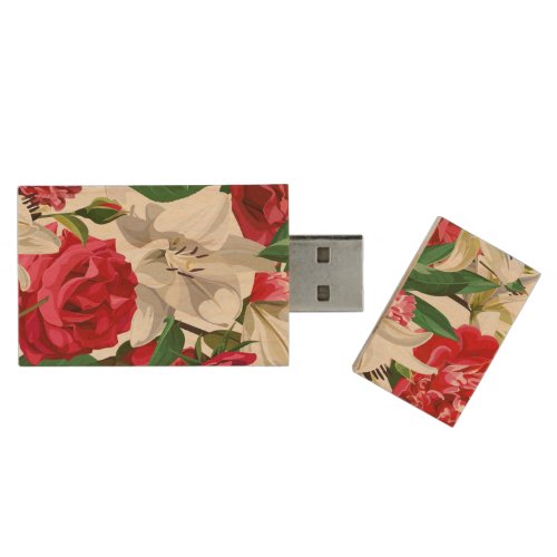 Elegant Red Roses Flowers Floral Pattern USB Wood Flash Drive