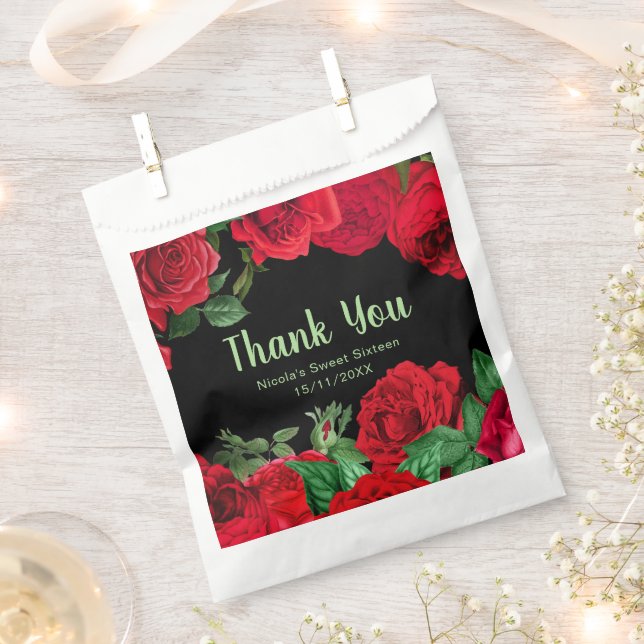 Elegant Red Roses Flowers Sweet Sixteen Favor Bag (Clipped)