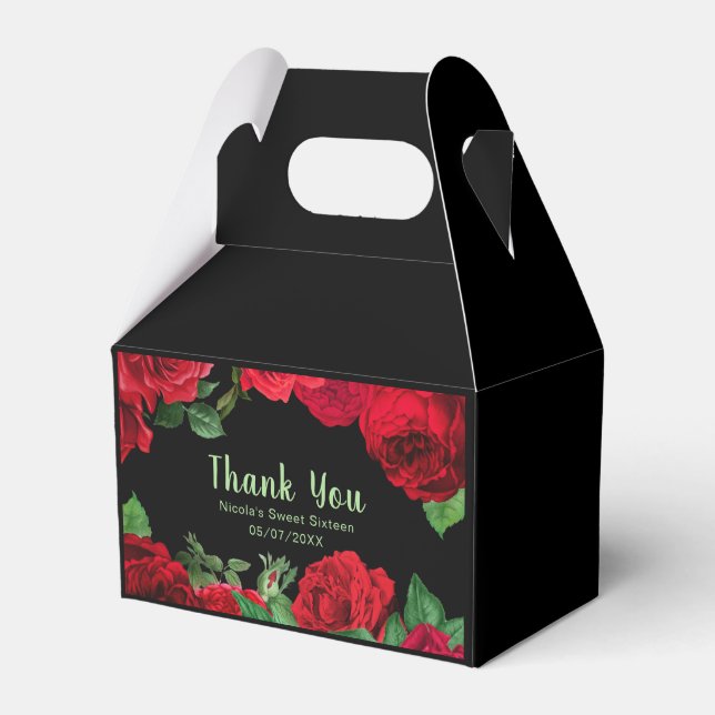Elegant Red Roses Flowers Sweet Sixteen Favor Boxes (Front Side)