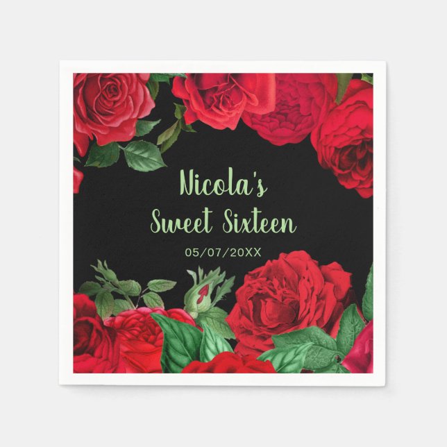 Elegant Red Roses Flowers Sweet Sixteen Napkins (Front)