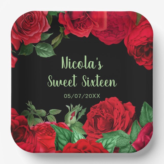 Elegant Red Roses Flowers Sweet Sixteen Paper Plates (Front)