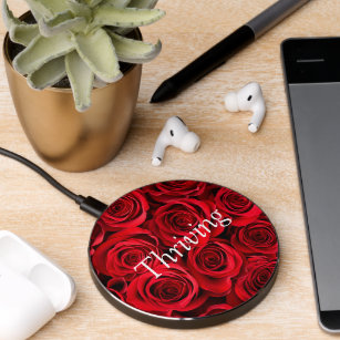 Elegant Red Roses Flowers with Thriving Quote  Wireless Charger
