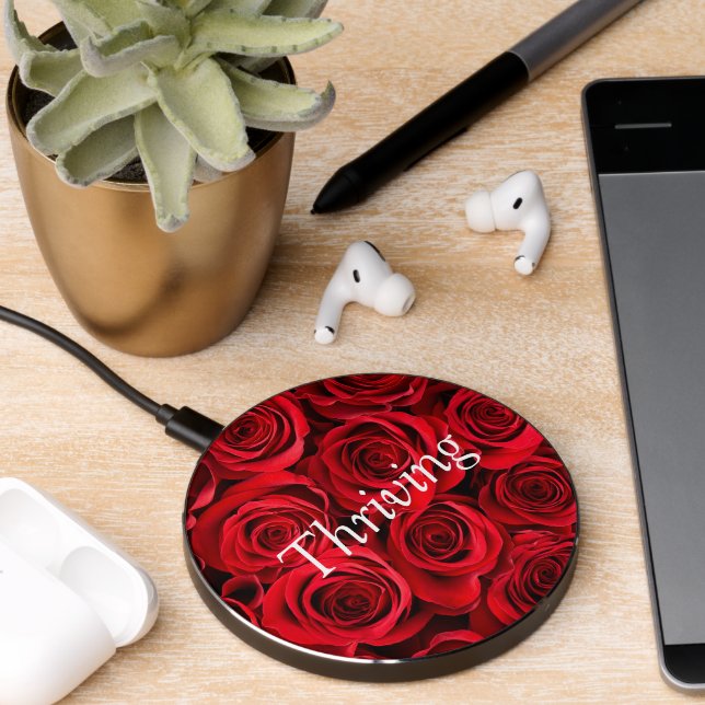Elegant Red Roses Flowers with Thriving Quote  Wireless Charger (Desk 2)
