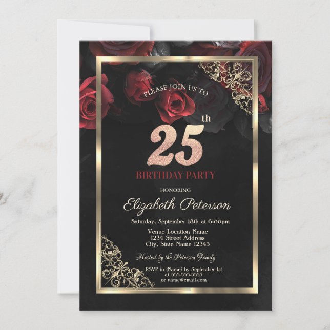 Elegant Red Roses Frame Black 25th Birthday  Invitation (Front)