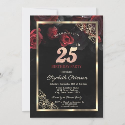 Elegant Red Roses Frame Black 25th Birthday  Invitation