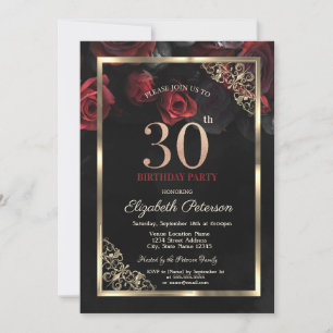 Elegant Red Roses Frame Black 30th Birthday Invitation