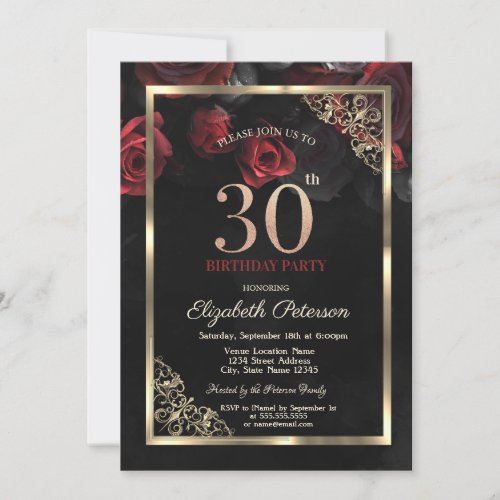 Elegant Red Roses Frame Black 30th Birthday  Invitation