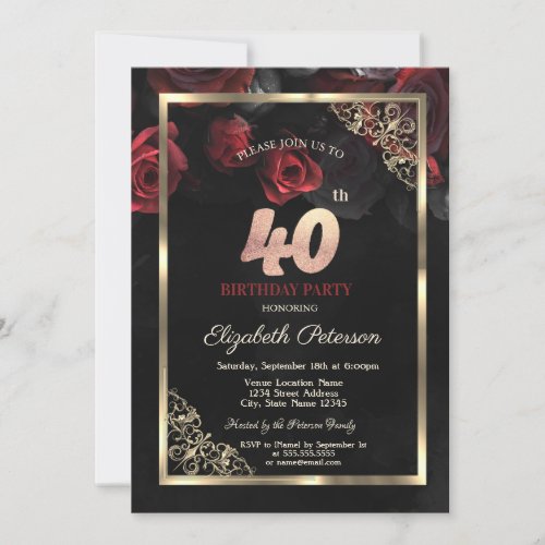 Elegant Red Roses Frame Black 40th Birthday  Invitation