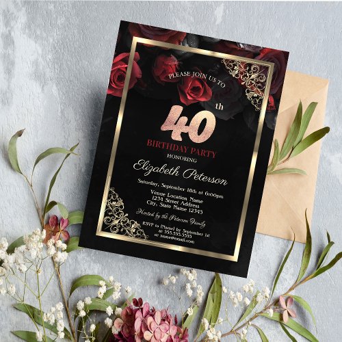 Elegant Red Roses Frame Black 40th Birthday  Invitation