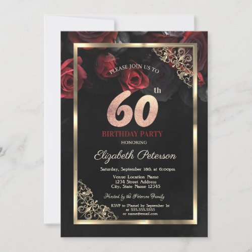 Elegant Red Roses Frame Black 60th Birthday  Invitation