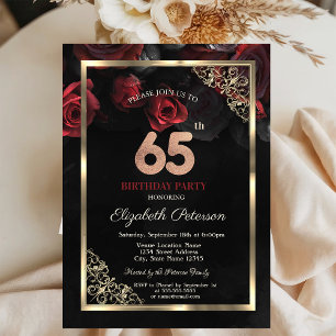 Elegant Red Roses Frame Black 65th Birthday  Invitation