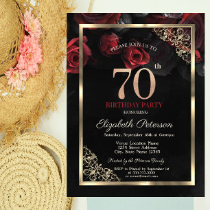Elegant Red Roses Frame Black 70th Birthday Invitation