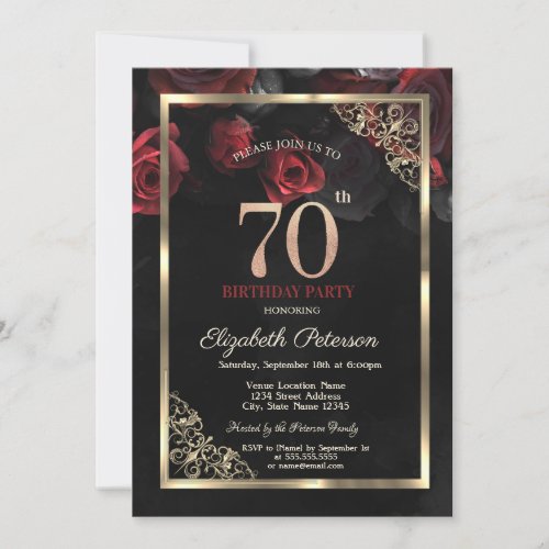 Elegant Red Roses Frame Black 70th Birthday  Invitation