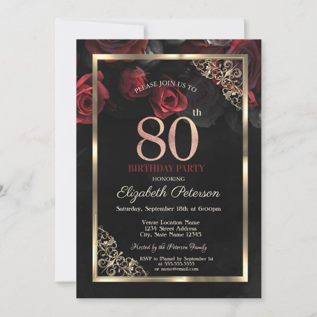 Elegant Red Roses Frame Black 80th Birthday  Invitation (Front)