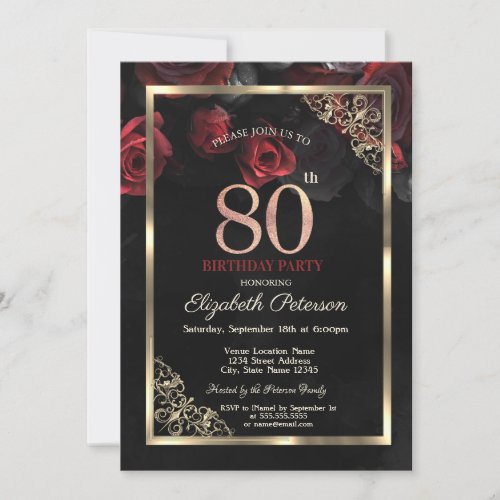 Elegant Red Roses Frame Black 80th Birthday  Invitation