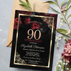 Elegant Red Roses Frame Black 90th Birthday Invitation