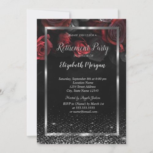 Elegant Red Roses Frame Confetti Retirement Invitation