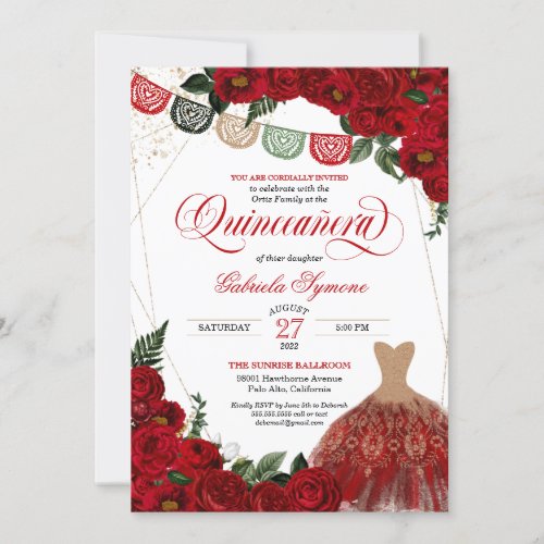 Elegant Red Roses Glitter Dress Fiesta Quinceaera Invitation