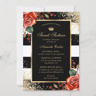Elegant Red Roses Glitter Sweet Sixteen Birthday Invitation