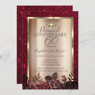 Elegant Red Roses Glitter Wedding Anniversary  Invitation