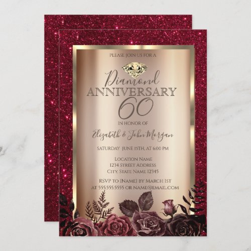 Elegant Red Roses Glitter Wedding Anniversary  Invitation