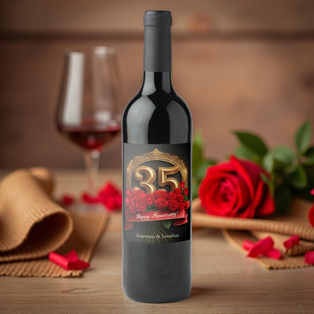 Elegant Red Roses Gold 35th Wedding Anniversary Wine Label (Creator Uploaded)