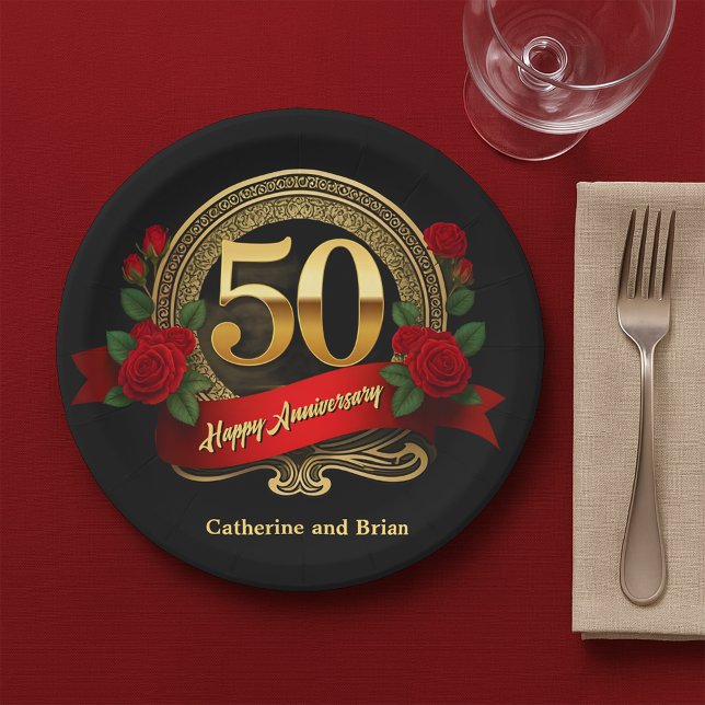 Elegant Red Roses & Gold 50th Wedding Anniversary Paper Plates (Creator Uploaded)