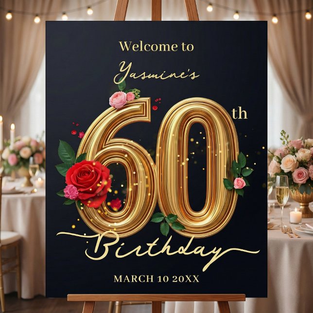 Elegant Red Roses Gold 60th Birthday Party Welcome Foam Board (Creator Uploaded)