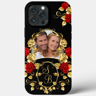Elegant Red Roses Gold Black Photo Monogram iPhone 13 Pro Max Case