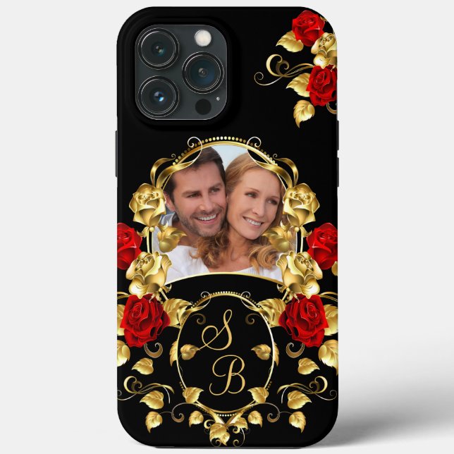 Elegant Red Roses Gold Black Photo Monogram Case-Mate iPhone Case (Back)