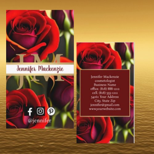 Elegant Red Roses Gold Business Card