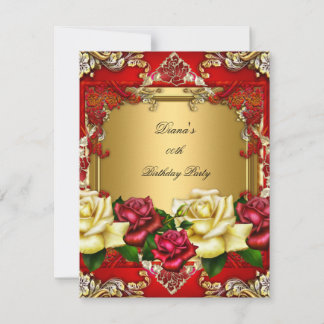 Elegant Red Roses Gold Cream Floral Birthday Party Invitation