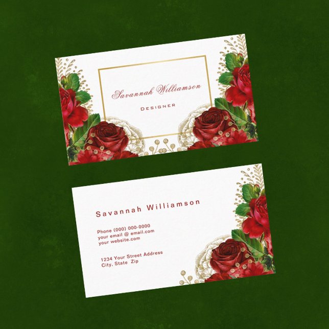 Elegant Red Roses Gold Customizable Business Card (Creator Uploaded)