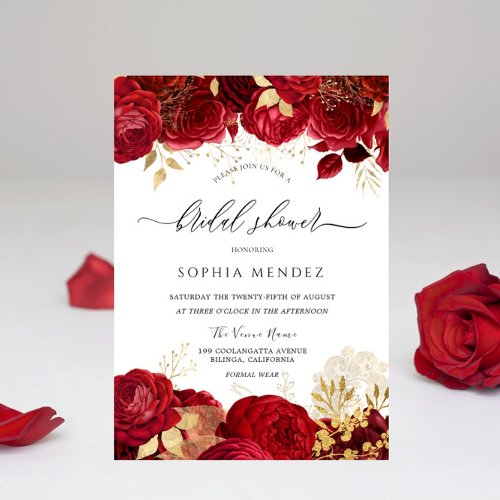 Elegant Red Roses Gold leaf Bridal Shower Invitation