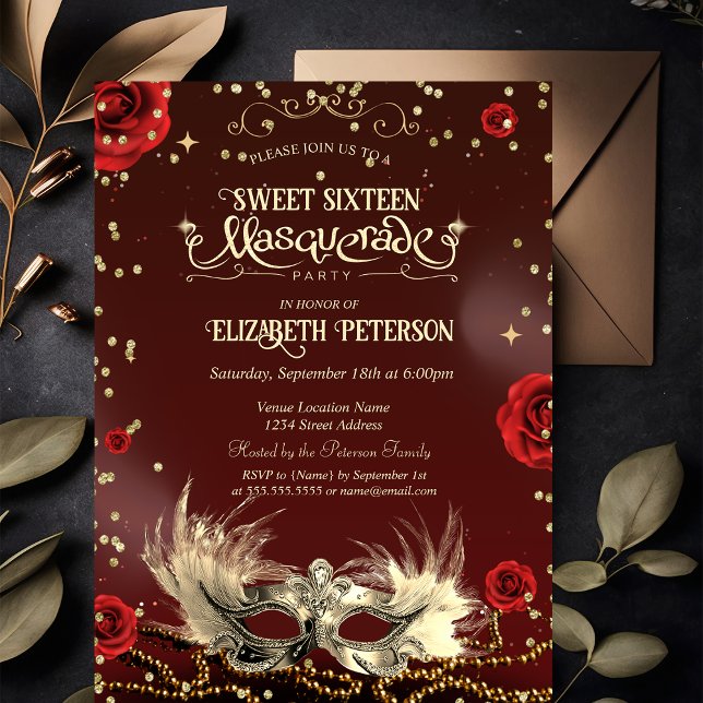 Elegant Red Roses Gold Masque Pearls Sweet 16   Invitation (Creator Uploaded)