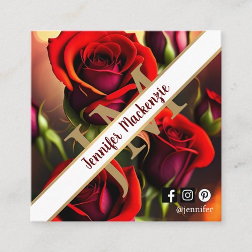 Elegant Red Roses Gold Square Business Card